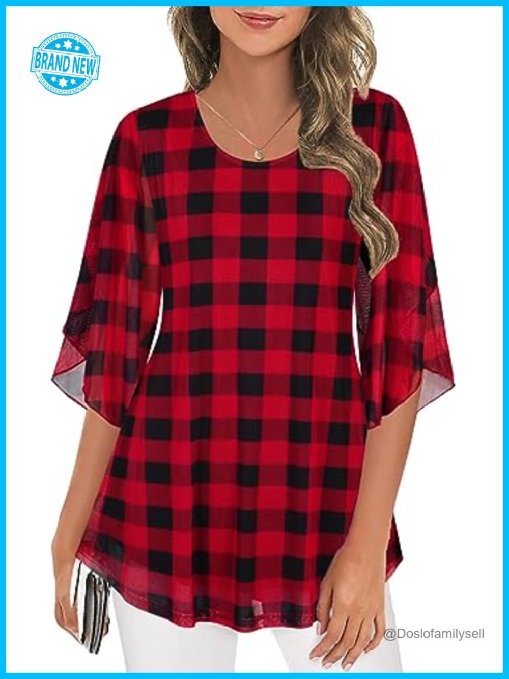 Womens 3/4 Sleeve Mesh Tunic Blouse Double Layer Sheer Casual Top